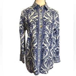 FARM Rio Blue White Linen Blend Paisley Button Down XS